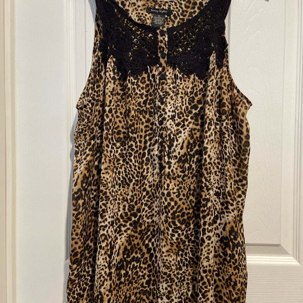 Sunny Taylor Leopard Print Shell with Black Crochet Yoke